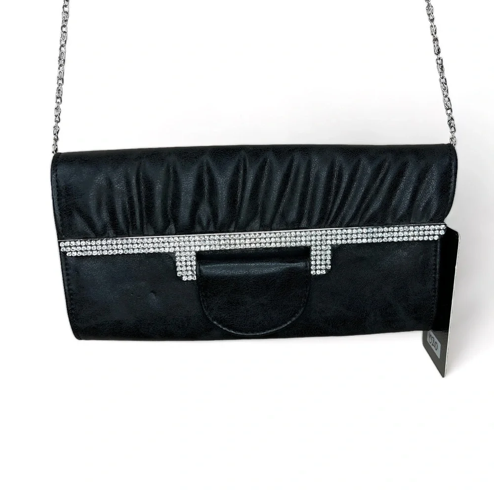 NEW MMS Black Faux Leather Rhinestone Accent Clutch Purse Silver Chain Strap